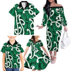 Aotearoa Maori Kowhaiwhai Family Matching Off The Shoulder Long Sleeve Dress and Hawaiian Shirt Kakariki Puhoro and Patiki
