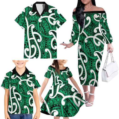 Aotearoa Maori Kowhaiwhai Family Matching Off The Shoulder Long Sleeve Dress and Hawaiian Shirt Kakariki Puhoro and Patiki
