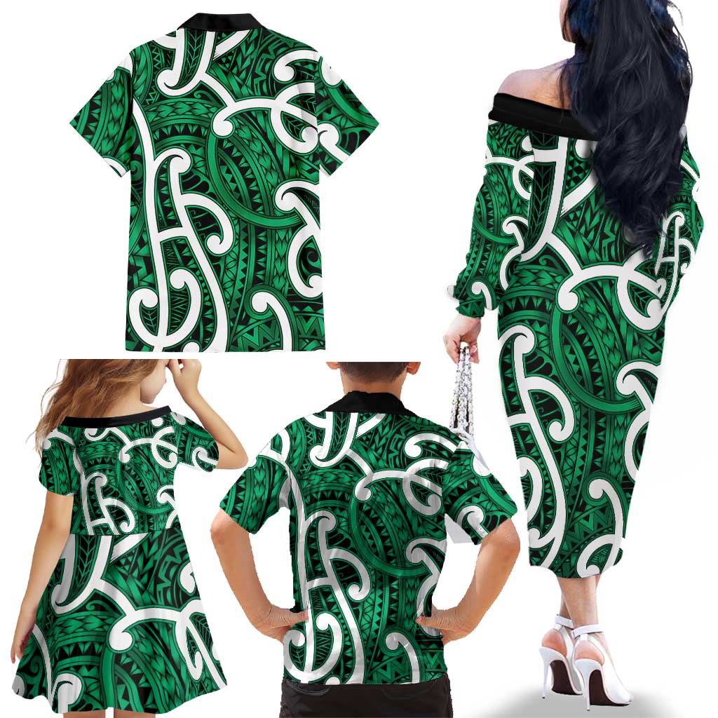 Aotearoa Maori Kowhaiwhai Family Matching Off The Shoulder Long Sleeve Dress and Hawaiian Shirt Kakariki Puhoro and Patiki