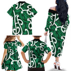 Aotearoa Maori Kowhaiwhai Family Matching Off The Shoulder Long Sleeve Dress and Hawaiian Shirt Kakariki Puhoro and Patiki
