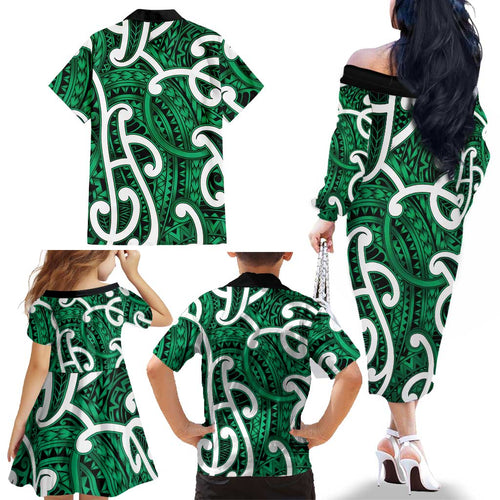 Aotearoa Maori Kowhaiwhai Family Matching Off The Shoulder Long Sleeve Dress and Hawaiian Shirt Kakariki Puhoro and Patiki