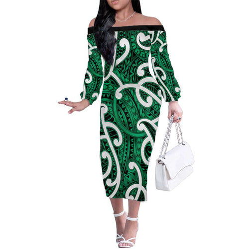 Aotearoa Maori Kowhaiwhai Family Matching Off The Shoulder Long Sleeve Dress and Hawaiian Shirt Kakariki Puhoro and Patiki