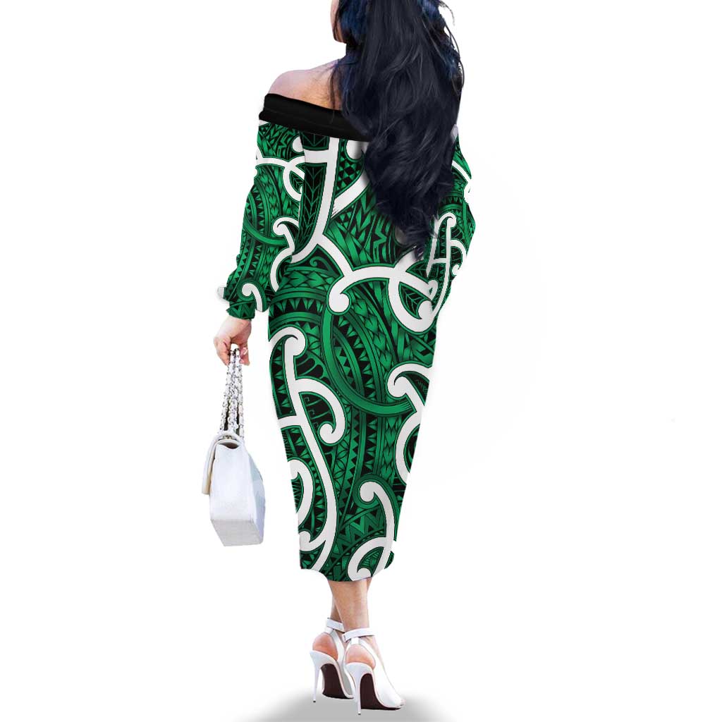 Aotearoa Maori Kowhaiwhai Family Matching Off The Shoulder Long Sleeve Dress and Hawaiian Shirt Kakariki Puhoro and Patiki