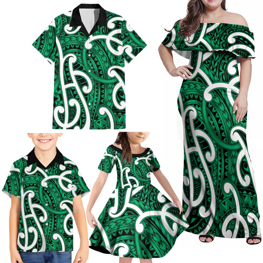 Aotearoa Maori Kowhaiwhai Family Matching Off Shoulder Maxi Dress and Hawaiian Shirt Kakariki Puhoro and Patiki