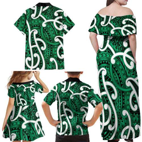 Aotearoa Maori Kowhaiwhai Family Matching Off Shoulder Maxi Dress and Hawaiian Shirt Kakariki Puhoro and Patiki