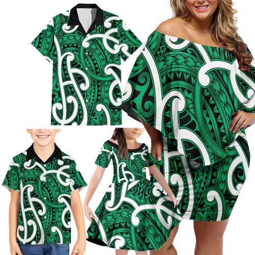 Aotearoa Maori Kowhaiwhai Family Matching Off Shoulder Short Dress and Hawaiian Shirt Kakariki Puhoro and Patiki
