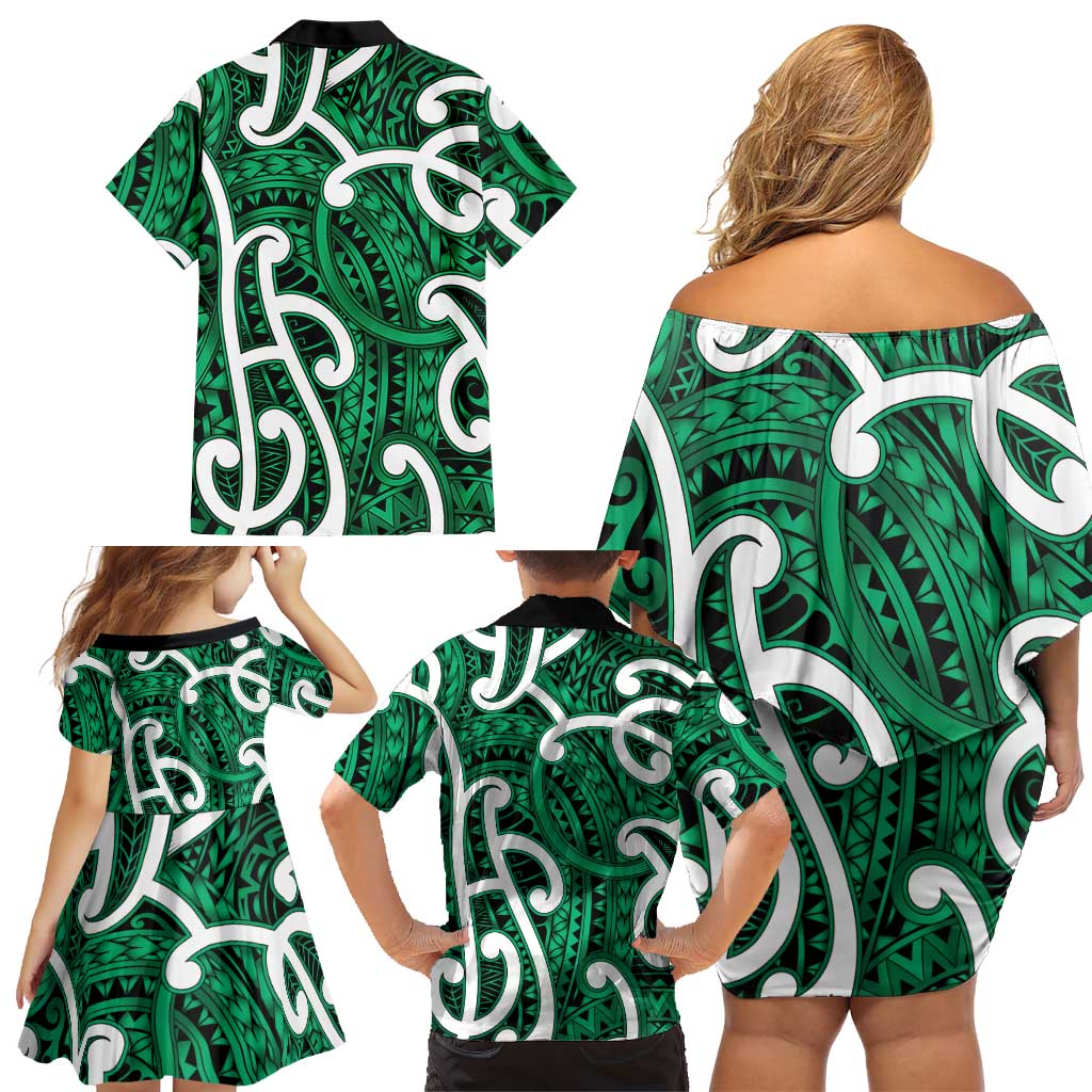 Aotearoa Maori Kowhaiwhai Family Matching Off Shoulder Short Dress and Hawaiian Shirt Kakariki Puhoro and Patiki