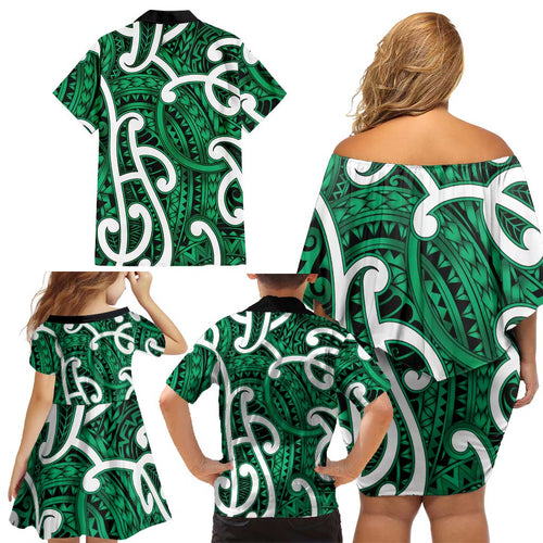 Aotearoa Maori Kowhaiwhai Family Matching Off Shoulder Short Dress and Hawaiian Shirt Kakariki Puhoro and Patiki