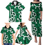 Aotearoa Maori Kowhaiwhai Family Matching Puletasi and Hawaiian Shirt Kakariki Puhoro and Patiki