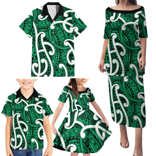 Aotearoa Maori Kowhaiwhai Family Matching Puletasi and Hawaiian Shirt Kakariki Puhoro and Patiki