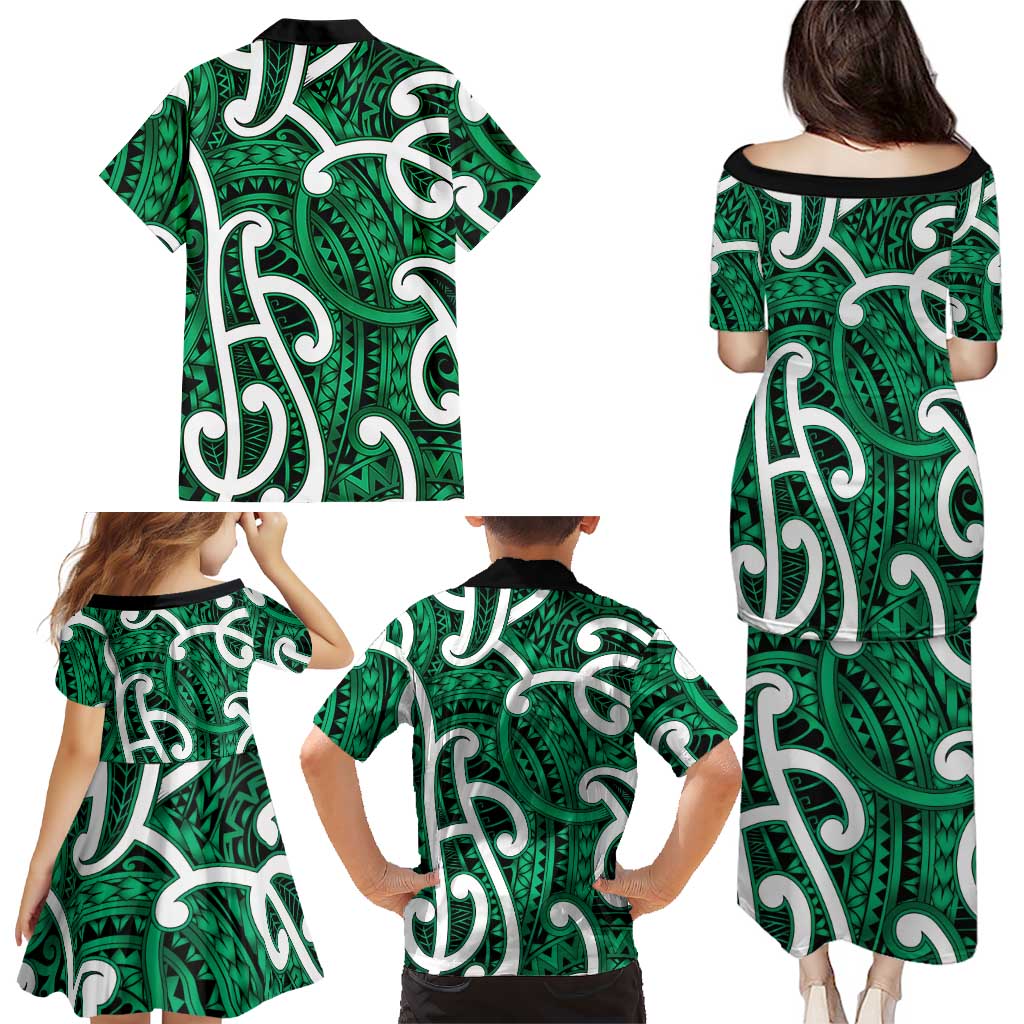 Aotearoa Maori Kowhaiwhai Family Matching Puletasi and Hawaiian Shirt Kakariki Puhoro and Patiki