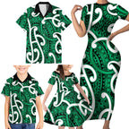 Aotearoa Maori Kowhaiwhai Family Matching Short Sleeve Bodycon Dress and Hawaiian Shirt Kakariki Puhoro and Patiki