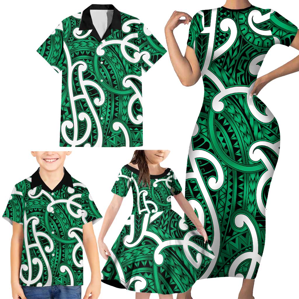 Aotearoa Maori Kowhaiwhai Family Matching Short Sleeve Bodycon Dress and Hawaiian Shirt Kakariki Puhoro and Patiki