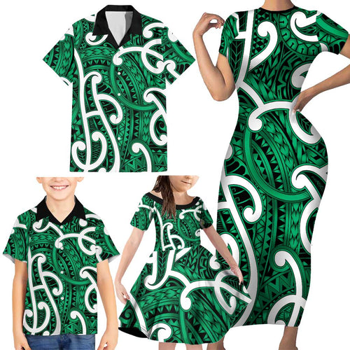 Aotearoa Maori Kowhaiwhai Family Matching Short Sleeve Bodycon Dress and Hawaiian Shirt Kakariki Puhoro and Patiki