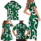 Aotearoa Maori Kowhaiwhai Family Matching Short Sleeve Bodycon Dress and Hawaiian Shirt Kakariki Puhoro and Patiki