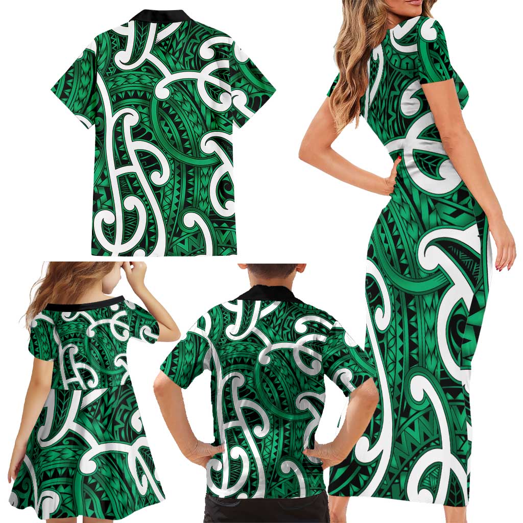 Aotearoa Maori Kowhaiwhai Family Matching Short Sleeve Bodycon Dress and Hawaiian Shirt Kakariki Puhoro and Patiki