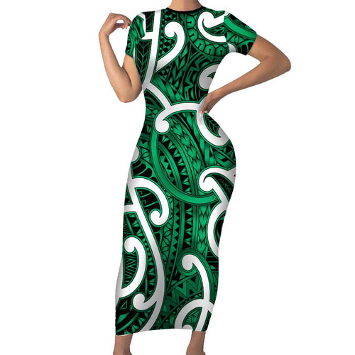 Aotearoa Maori Kowhaiwhai Family Matching Short Sleeve Bodycon Dress and Hawaiian Shirt Kakariki Puhoro and Patiki