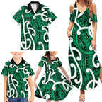 Aotearoa Maori Kowhaiwhai Family Matching Summer Maxi Dress and Hawaiian Shirt Kakariki Puhoro and Patiki