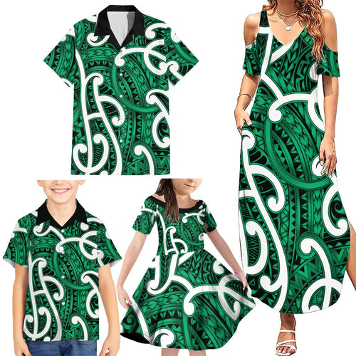 Aotearoa Maori Kowhaiwhai Family Matching Summer Maxi Dress and Hawaiian Shirt Kakariki Puhoro and Patiki