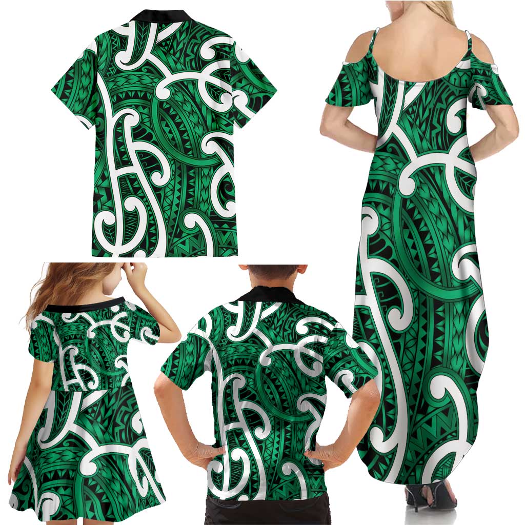 Aotearoa Maori Kowhaiwhai Family Matching Summer Maxi Dress and Hawaiian Shirt Kakariki Puhoro and Patiki