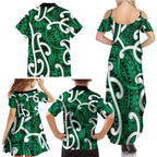 Aotearoa Maori Kowhaiwhai Family Matching Summer Maxi Dress and Hawaiian Shirt Kakariki Puhoro and Patiki