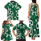 Aotearoa Maori Kowhaiwhai Family Matching Tank Maxi Dress and Hawaiian Shirt Kakariki Puhoro and Patiki