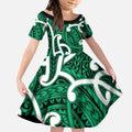 Aotearoa Maori Kowhaiwhai Kid Short Sleeve Dress Kakariki Puhoro and Patiki