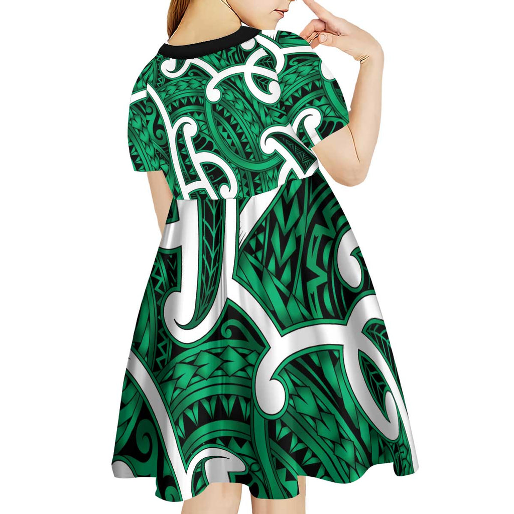 Aotearoa Maori Kowhaiwhai Kid Short Sleeve Dress Kakariki Puhoro and Patiki