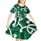 Aotearoa Maori Kowhaiwhai Kid Short Sleeve Dress Kakariki Puhoro and Patiki