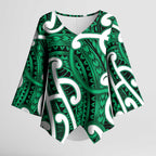 Aotearoa Maori Kowhaiwhai Kimono Sleeve Blouse Kakariki Puhoro and Patiki