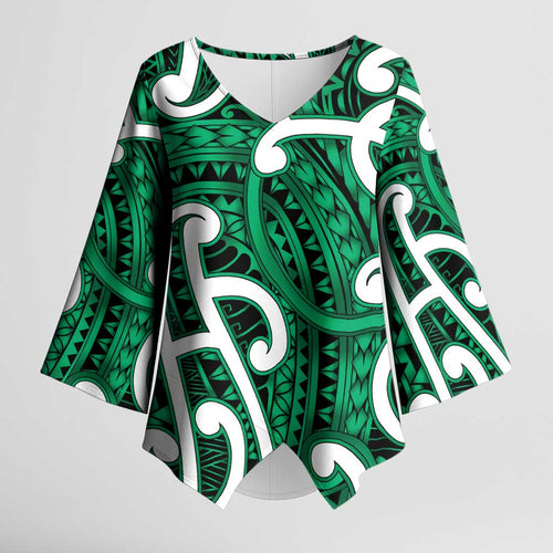 Aotearoa Maori Kowhaiwhai Kimono Sleeve Blouse Kakariki Puhoro and Patiki