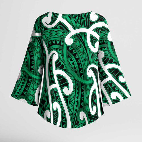Aotearoa Maori Kowhaiwhai Kimono Sleeve Blouse Kakariki Puhoro and Patiki