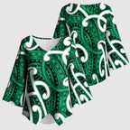Aotearoa Maori Kowhaiwhai Kimono Sleeve Blouse Kakariki Puhoro and Patiki