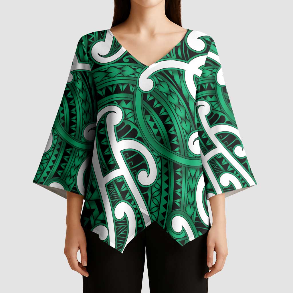 Aotearoa Maori Kowhaiwhai Kimono Sleeve Blouse Kakariki Puhoro and Patiki