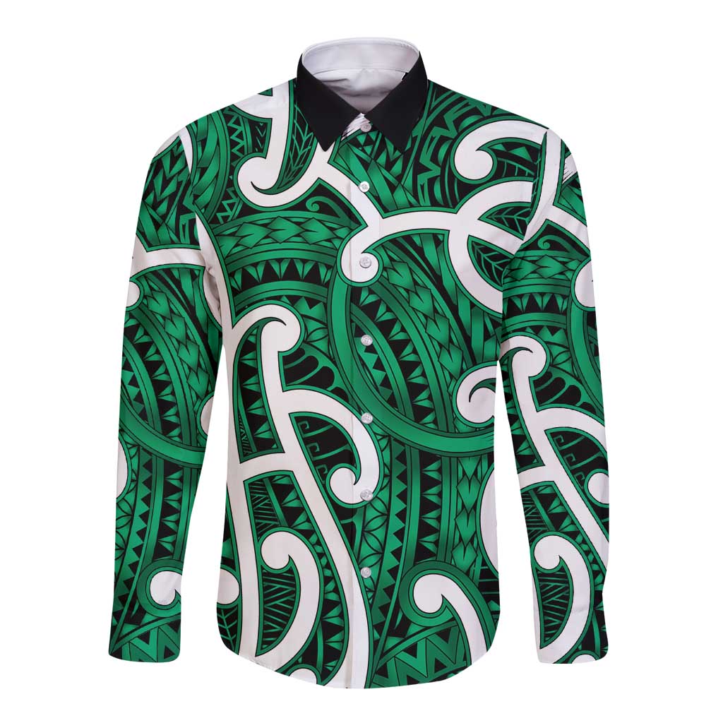 Aotearoa Maori Kowhaiwhai Long Sleeve Button Shirt Kakariki Puhoro and Patiki