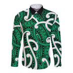 Aotearoa Maori Kowhaiwhai Long Sleeve Button Shirt Kakariki Puhoro and Patiki