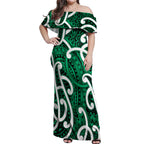 Aotearoa Maori Kowhaiwhai Off Shoulder Maxi Dress Kakariki Puhoro and Patiki