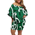 Aotearoa Maori Kowhaiwhai Off Shoulder Short Dress Kakariki Puhoro and Patiki
