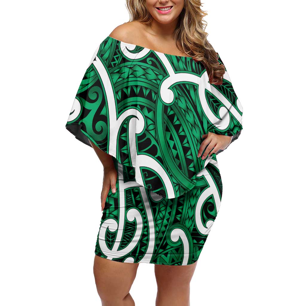 Aotearoa Maori Kowhaiwhai Off Shoulder Short Dress Kakariki Puhoro and Patiki