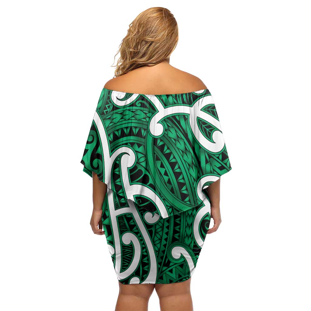 Aotearoa Maori Kowhaiwhai Off Shoulder Short Dress Kakariki Puhoro and Patiki