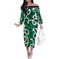 Aotearoa Maori Kowhaiwhai Off The Shoulder Long Sleeve Dress Kakariki Puhoro and Patiki