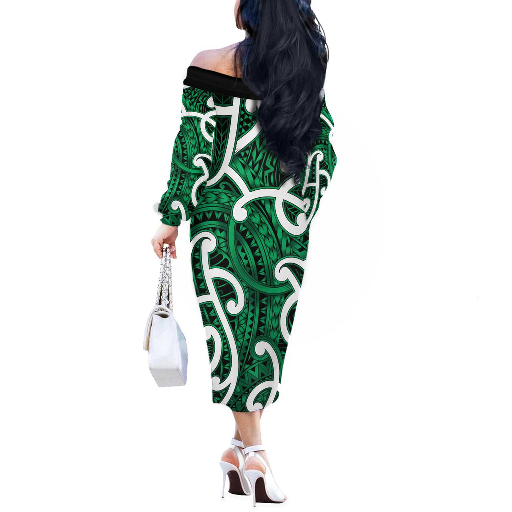 Aotearoa Maori Kowhaiwhai Off The Shoulder Long Sleeve Dress Kakariki Puhoro and Patiki