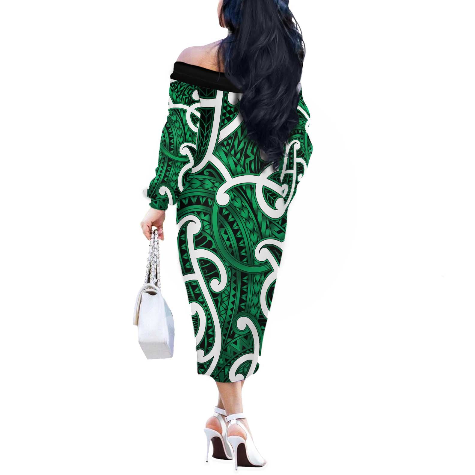 Aotearoa Maori Kowhaiwhai Off The Shoulder Long Sleeve Dress Kakariki Puhoro and Patiki