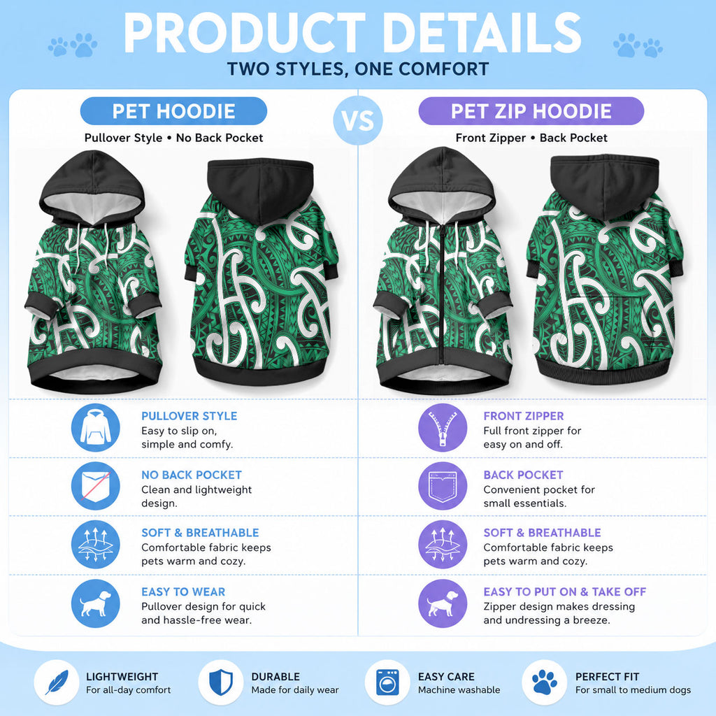 Aotearoa Maori Kowhaiwhai Pet Hoodie Kakariki Puhoro and Patiki