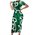 Aotearoa Maori Kowhaiwhai Short Sleeve Bodycon Dress Kakariki Puhoro and Patiki