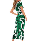 Aotearoa Maori Kowhaiwhai Short Sleeve Bodycon Dress Kakariki Puhoro and Patiki