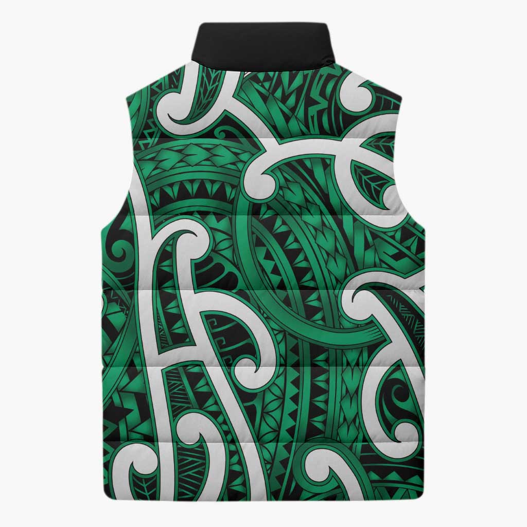 Aotearoa Maori Kowhaiwhai Sleeveless Puffer Jacket Kakariki Puhoro and Patiki