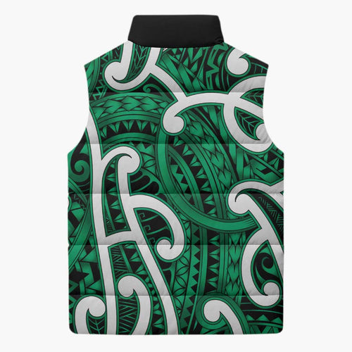 Aotearoa Maori Kowhaiwhai Sleeveless Puffer Jacket Kakariki Puhoro and Patiki