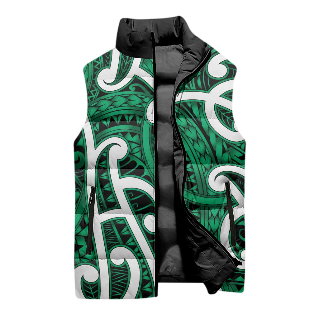 Aotearoa Maori Kowhaiwhai Sleeveless Puffer Jacket Kakariki Puhoro and Patiki