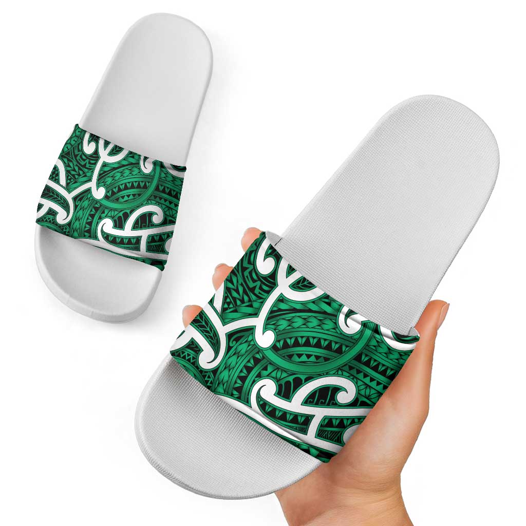Aotearoa Maori Kowhaiwhai Slide Sandals Kakariki Puhoro and Patiki